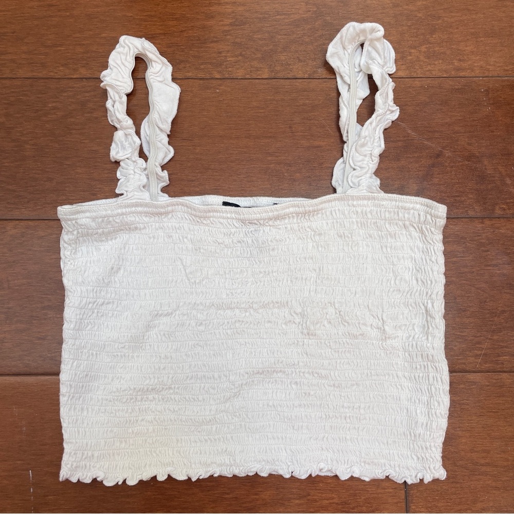 Forever 21- White Square Neck Smocked Crop Tank Top Size S Everyday Basics